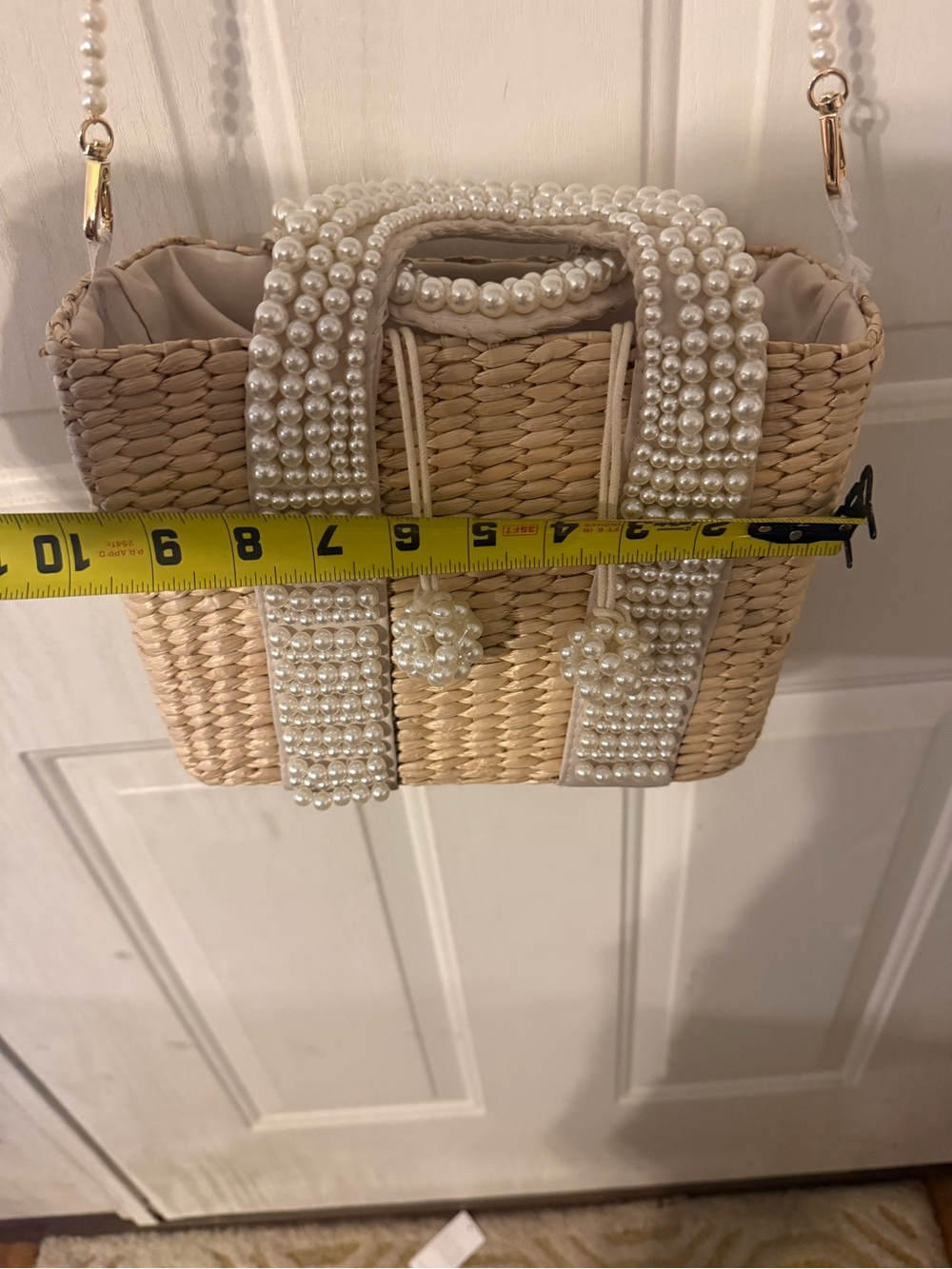 Pearl-Embellished Straw Tote Bag - Cream - Picture 7 of 9